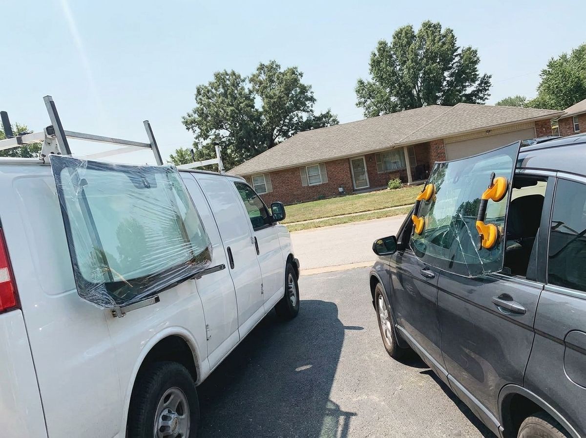 Mobile auto glass van with a windshield rack beside an SUV mid-replacement in a Springfield MO driveway